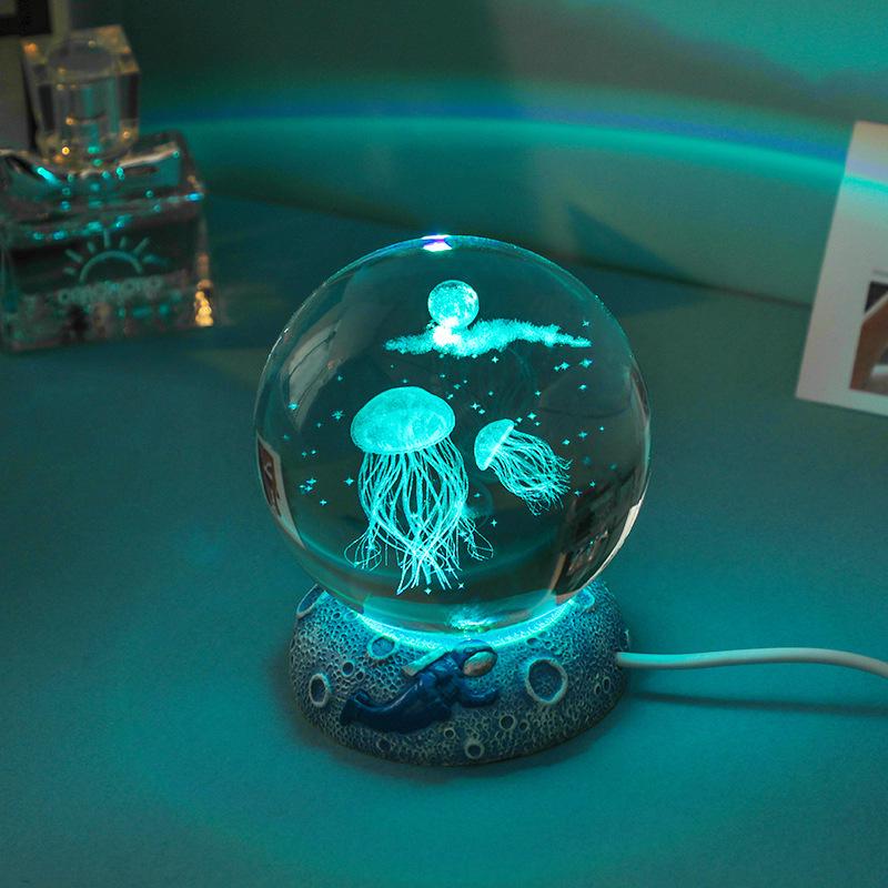 3D Laser Crystal Ball Night Light with Luminous Base - Decorative Desktop Ornament and Gift
