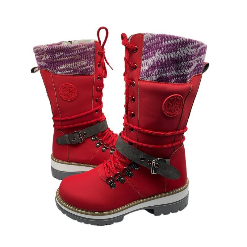 Winter new medium women's boots round head square heel leather buckle wool Martin boots large size snow boots