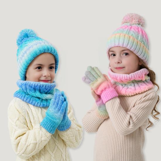 Yousheng 3Pcs/Set Kids Hat Scarf Gloves Set Rainbow Color Twist Texture Hat Thickened Plush Lining Neck Gaiter Knitted Gloves Set