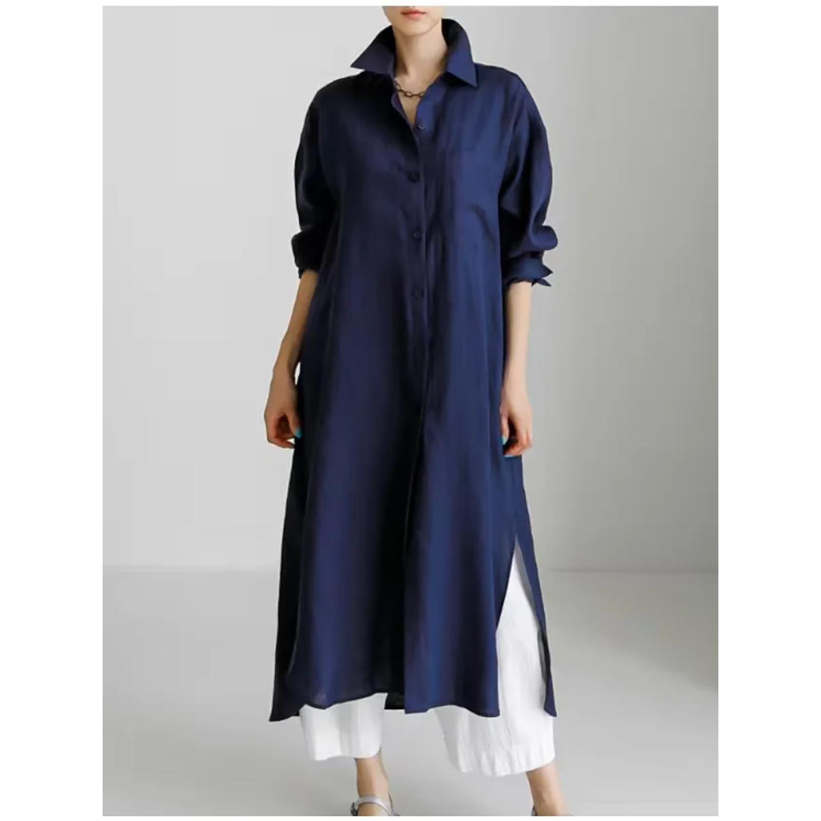 

Spring and Summer Cotton and Linen Shirt Skirt Loose Irregular Shirt Cardigan Long Dress S темно-синий