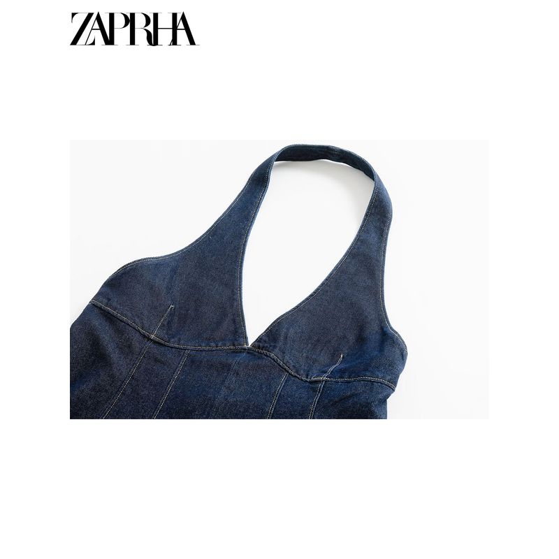 Zaprha 2025 New A Word Waist Hugging Neck Collar Cotton Denim Denim Sling Short Dress 6929086