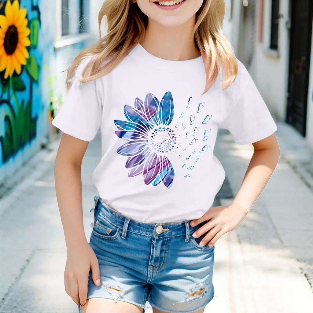 Kindermode Kurzarm Rundhals Floral Bedruckt Lässiges T-Shirt Top