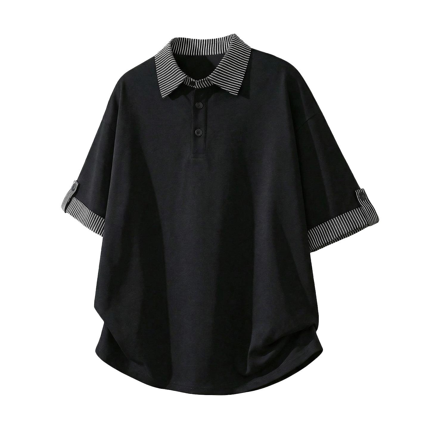 Men s Contrast Cuff Rolled-Up Two-Piece Polo, Miu-Inspired Striped Patchwork T-Shirt, Summer Style Medium
