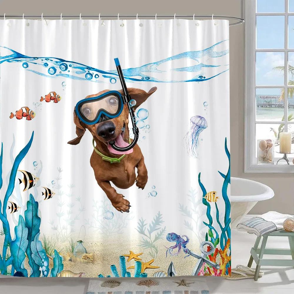 Cute Funny Dog Shower Curtain Cat Riding Dinosaur Funny Pet Cartoon Shower Curtain Boys Girls Bathroom Decor Shower Curtains