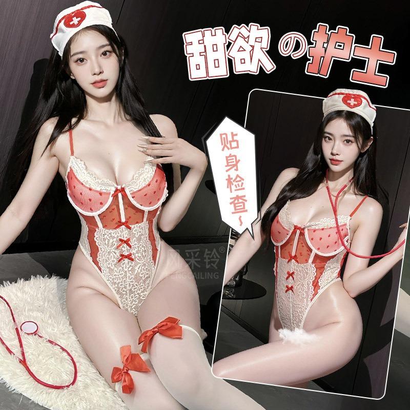 Sexy lingerie one-piece sexy nurse suspender perspective hollowed out red and white lace uniform seduction