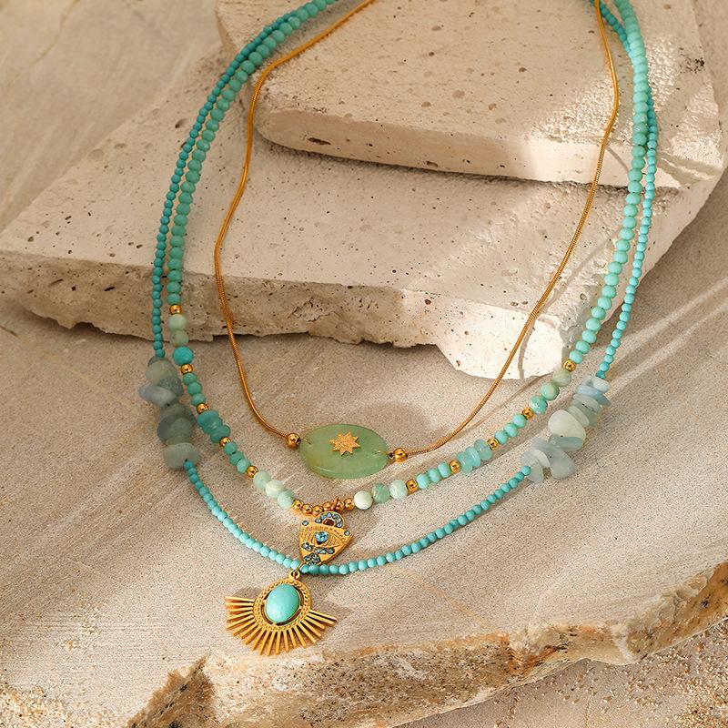 European and American embellished eyes natural stone titanium steel pendant necklace fashionable stacked collarbone chain gold-plated stainless steel