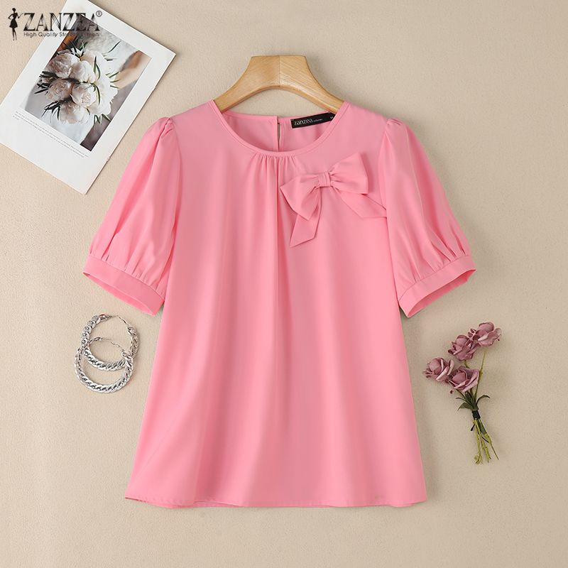 ZANZEA Lässige Damenbluse mit Rundhalsausschnitt und kurzen Ärmeln für den Sommer