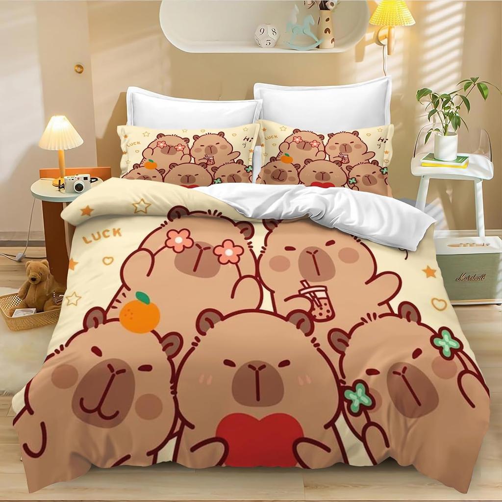 Cute Capybara Duvet Cover Single, Kawaii Animal Funny Wildlife Rodent Green Brown Bedroom Decor Quilt Cover Set for Children