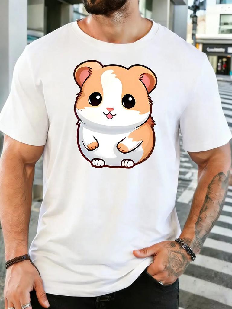Cute Fluffy Cartoon Hamster Big Eyes Graphic Unisexs Cotton Crew Neck Tee Short Sleeve Loose Lovely Casual Daily Street Male Top