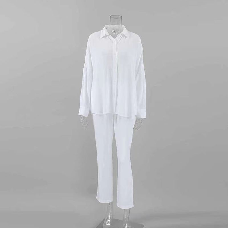 Fashion Style New Arrival Loose Long Sleeves Shirt Pants Pure Color Suit Homewear Shirt Long Pants Set
