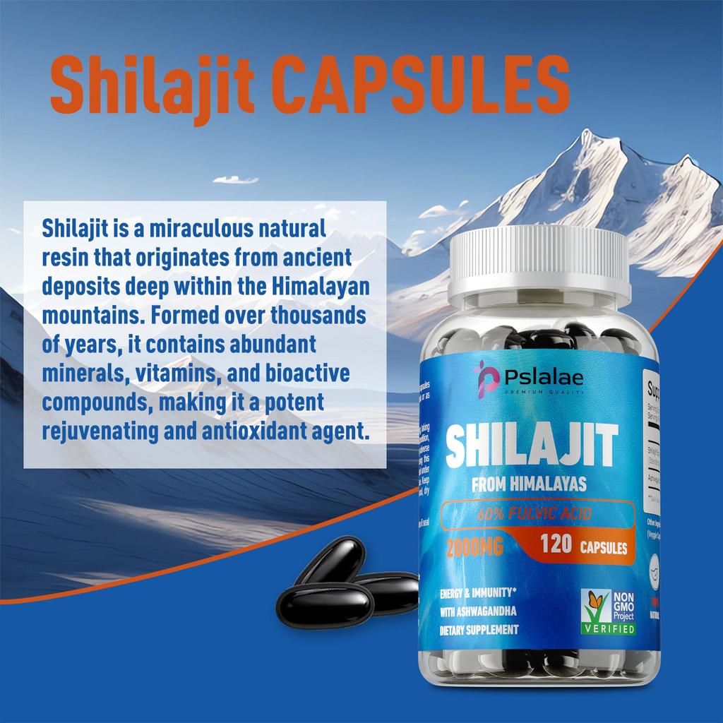 Pslalae Pure Shilajit Resin Capsules 2000mg Enhance Liver Metabolism Lowering Blood Sugar & Anti-Fatigue Energy Support for Men & Women
