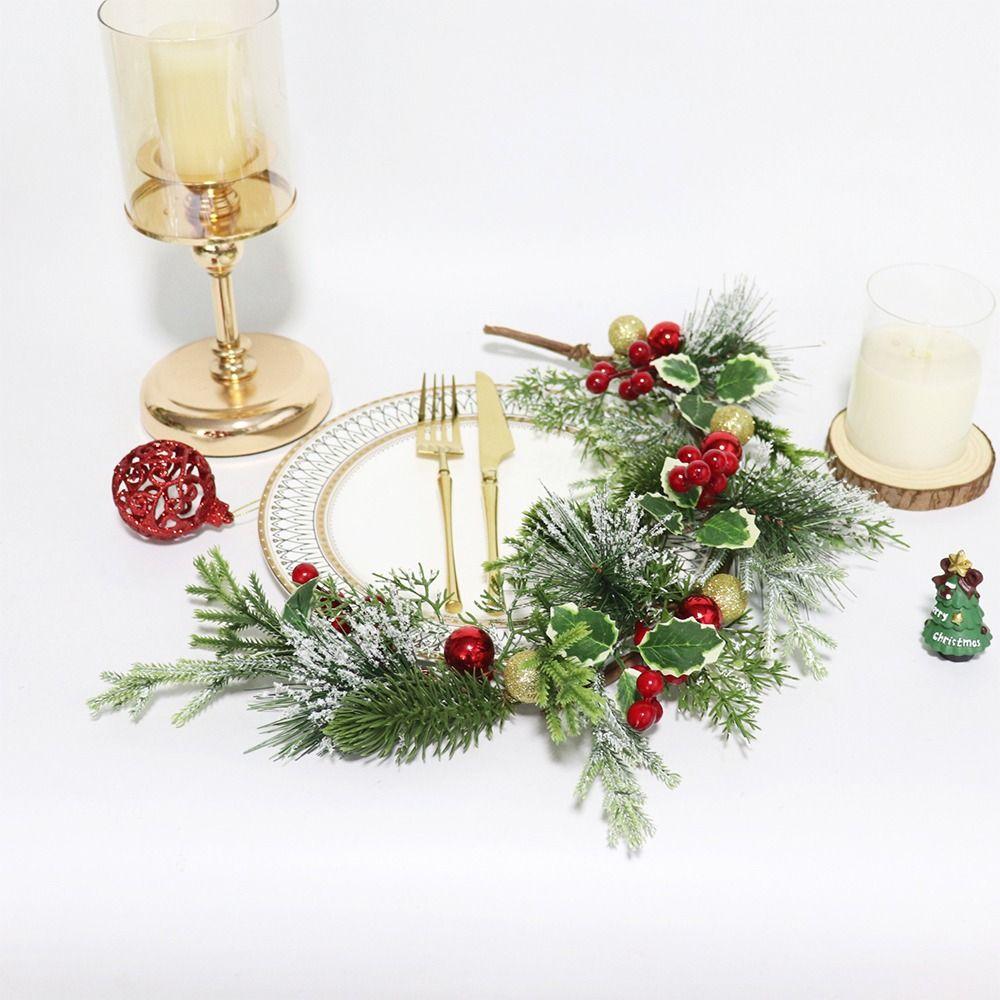 Green&red Christmas Pine Garland 65cm Holly Leaves Artificial Pine Wreath Wall Hanging Staircase Ornament Greenery Pine Rattan