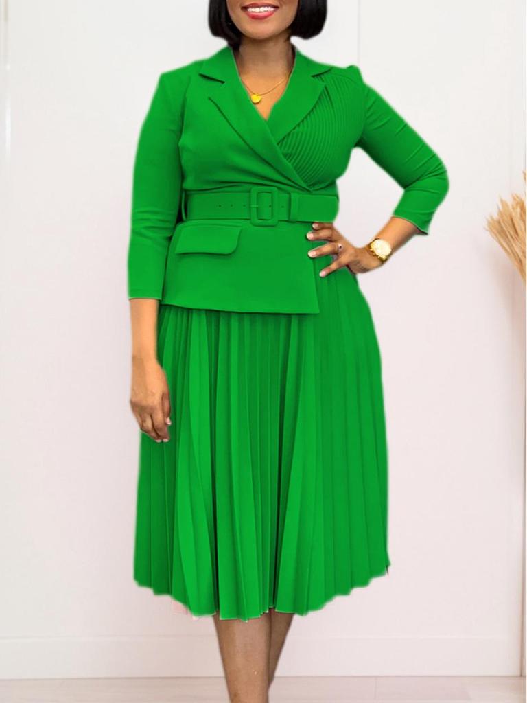 European & American Women's Autumn/Winter Pleated Suit-Collar Dress