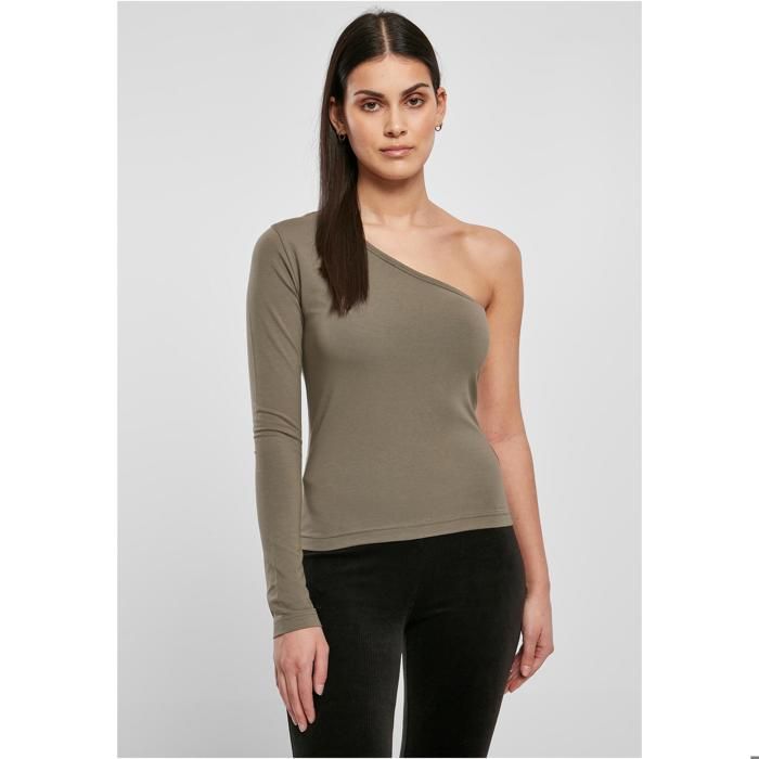 T-shirt Femme - Urban Classics - Manches Longues Asymétriques - Couleur Olive - Ajusté - Col V
