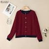 ZANZEA Women Casual Round Neck Long Sleeve Stripe Cardigan Blouse