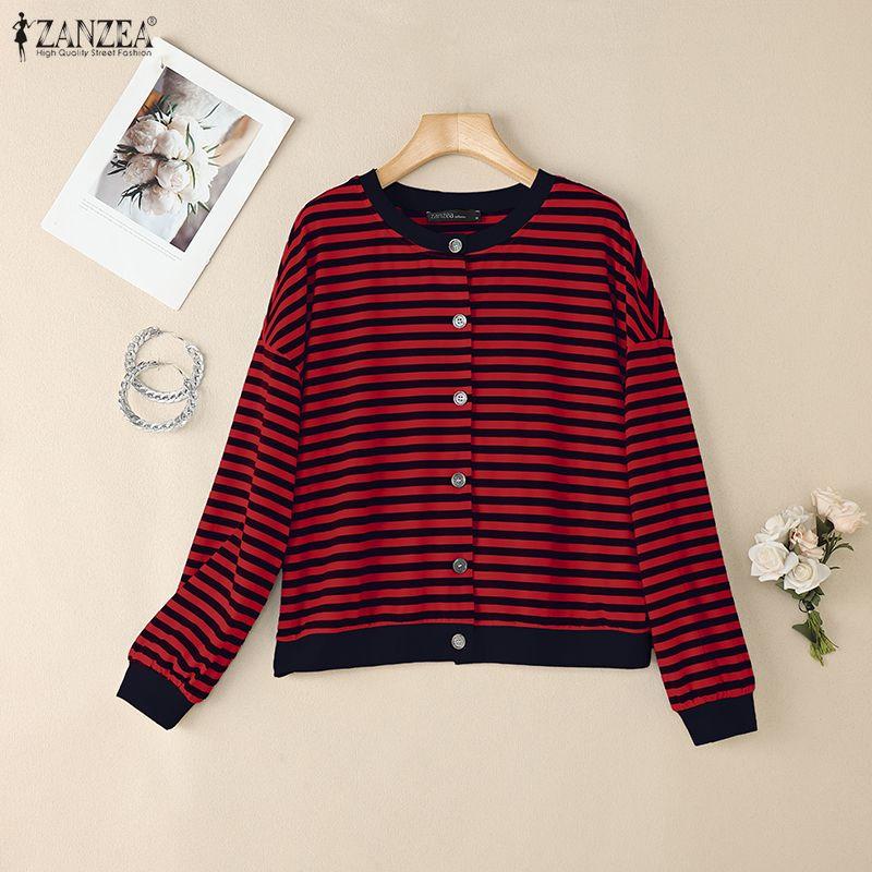 ZANZEA Women Casual Round Neck Long Sleeve Stripe Cardigan Blouse