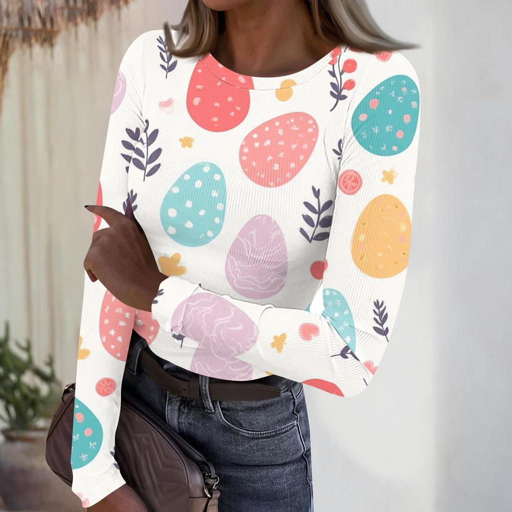 Women's Casual Fashion Round Neck Easter Print Long Sleeve Strip Top