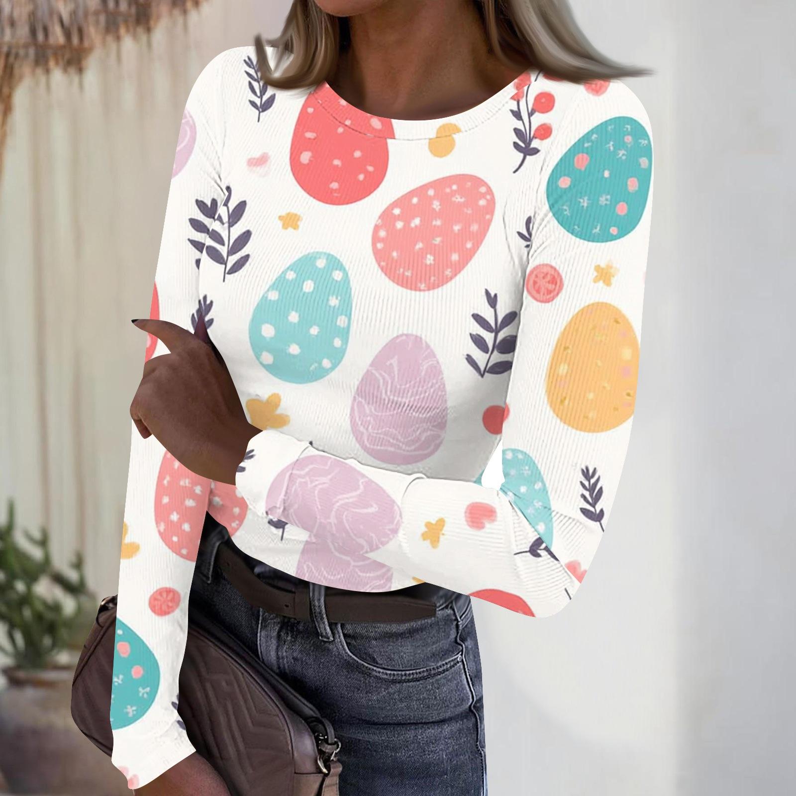 

Women s Casual Fashion Round Neck Easter Print Long Sleeve Strip Top L білий