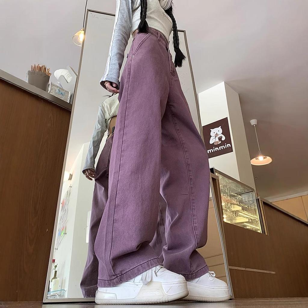 2025 Spring Women's High-Waisted Purple Wide-Leg Denim Pants - Trendy Casual Floor-Length Style