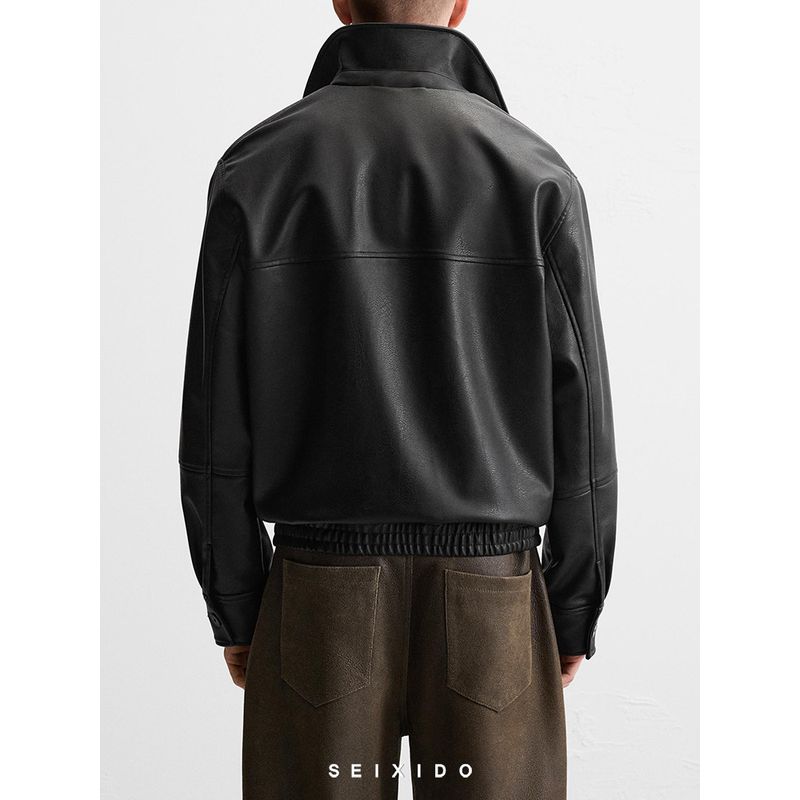 Cabinet 429! New Autumn and Winter Men's Loose-Fitting Faux Leather Jacket with a Turn-Down Collar and Zipper, Model 4027300, Washed Pu Leather Jacket