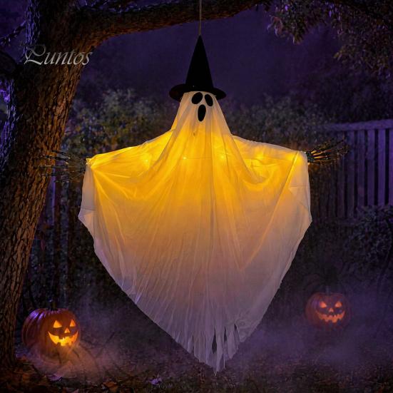 Halloween Hanging Decorations Ghost with Witch Hat, Light Up Spooky Party Backdrop Outdoor Decor for Porch Tree, Haunted House Scene Ornament Festive