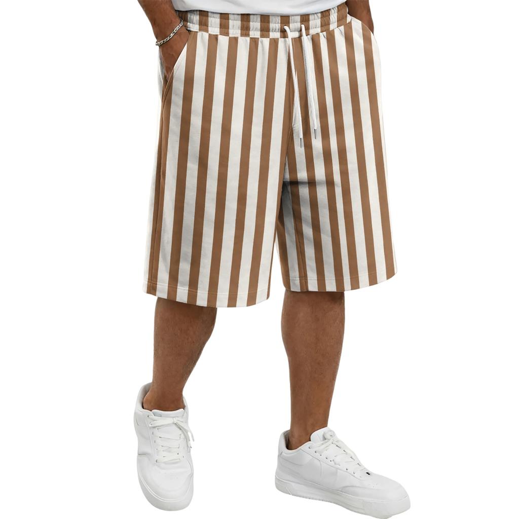 Mens Casual Striped Drawstring Shorts Relaxed Fit Elastic Waistband Lightweight Breathable Fabric Knee Length Pants