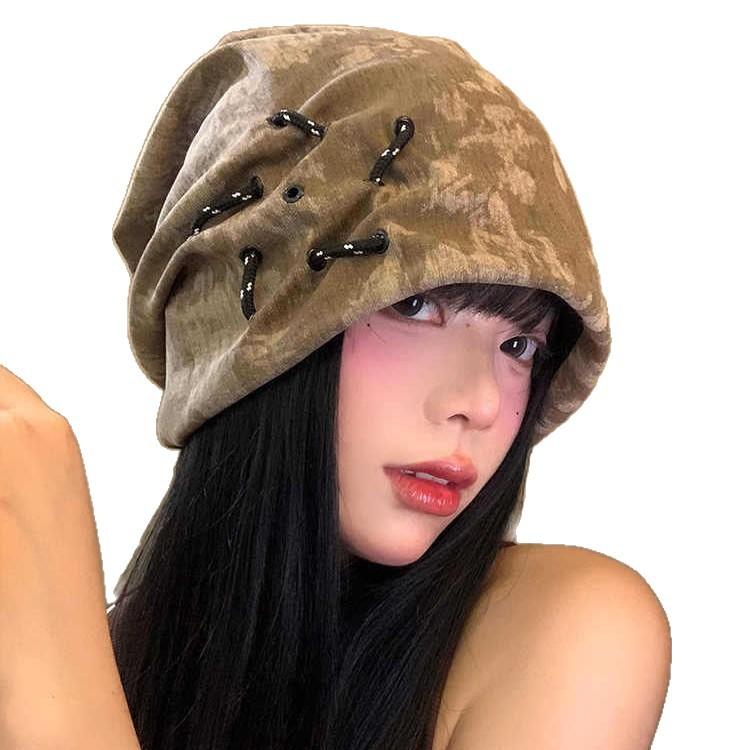 Amerikanischer Retro Ödland Stil Stapelmützen mit vielseitigen Gesichtern für Herbst und Winter Kleine Tinten Kalte Mützen für große Köpfe und winddichte Kopfmützen Trendy