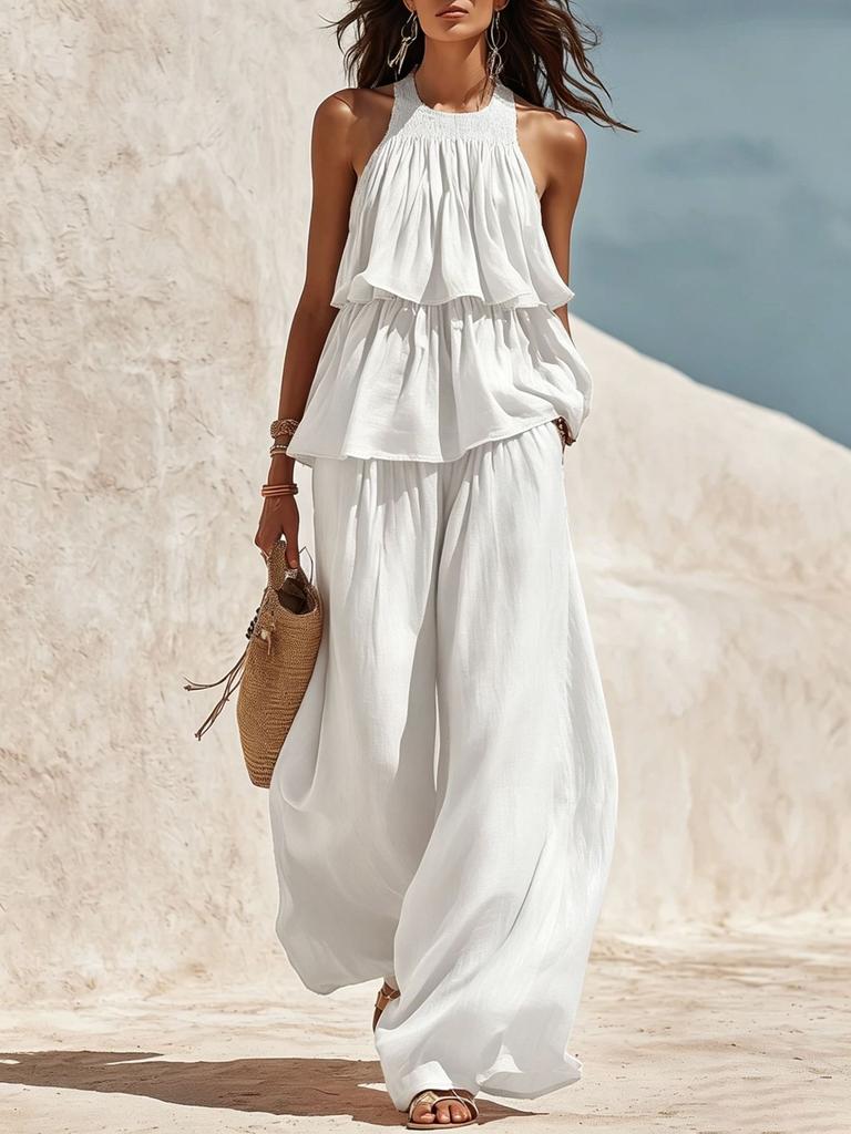 2026 Amazon Independent Station Popular Women's Clothing Casual European and American Style Elastic Neck Breathable Wide Leg Pants Two-piece Set
