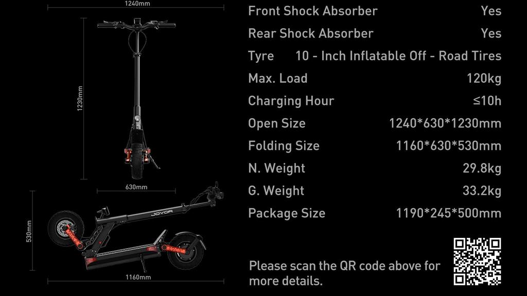 JOYOR S10-S-Z Adult Electric Scooter, 1000W * 2 Dual Drive Motor, 60V 18AH Battery, Range 75km, 10 Inch Off-road Tires, Foldable