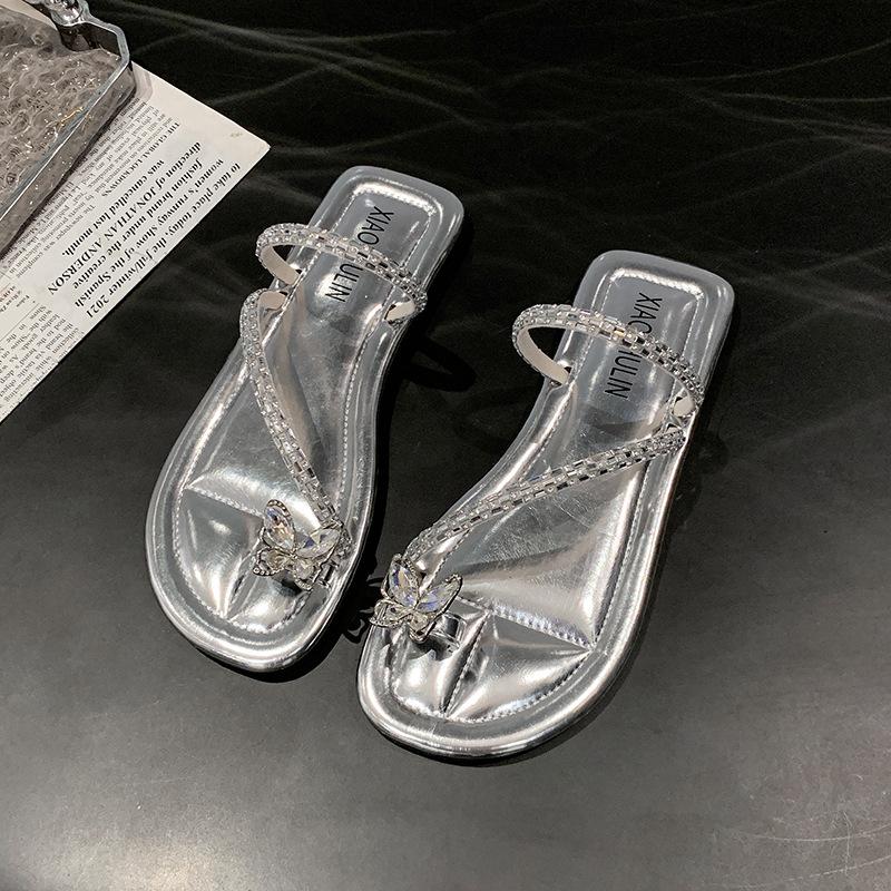 

Evening wind rhinestone cover toe French slippers fairy wind slippers female 2025 new summer wear silver cool slippers 40