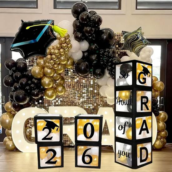 4 Pcs 2026 Graduation Balloon Boxes So Pround of You Black Balloon Box with Letters for Class of 2026 Grad Party Supplies