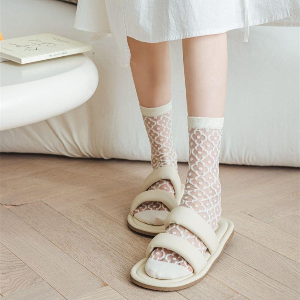 

Breathable Lace Women Transparent Socks Glass Silk Socks Flower Geometry Hosiery Korean Style Socks