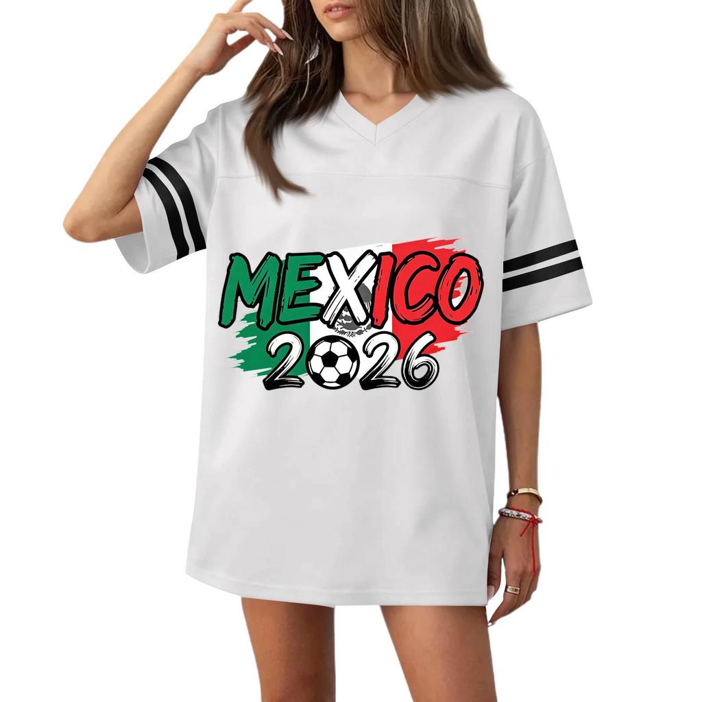 Women V Neck Casual Soccer Jersey Style Short Sleeve Top with Mexico 2026 Flag Print for Sports and Wear