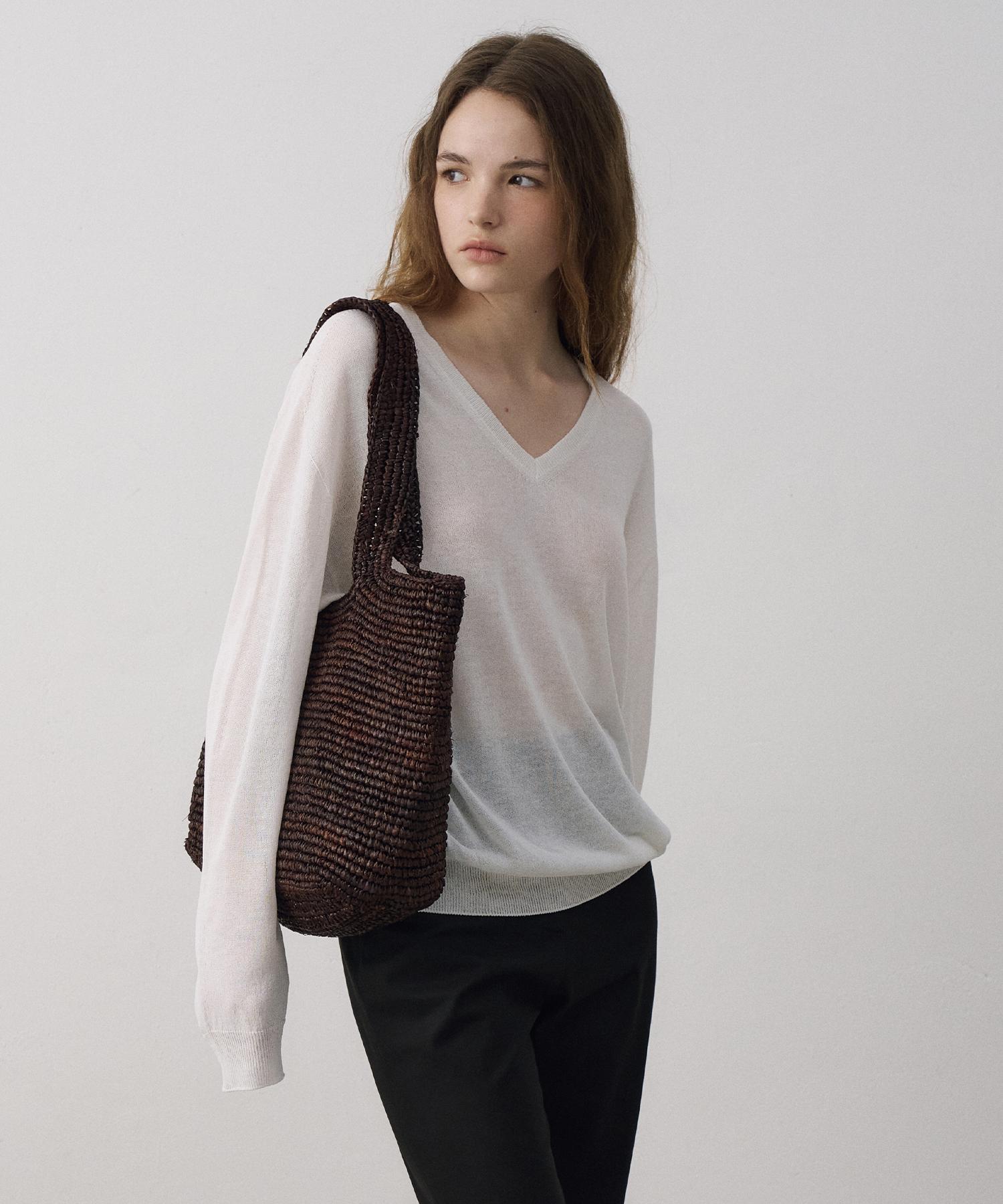 Lamerei Holgament V-Neck Linen Knit Top[Lmbfsu25Kn281]-Off-White Off-White/Free