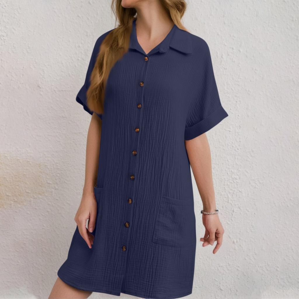 Modisches Damen-Sommerkleid mit V-Ausschnitt und Knopfleiste, kurzärmlig