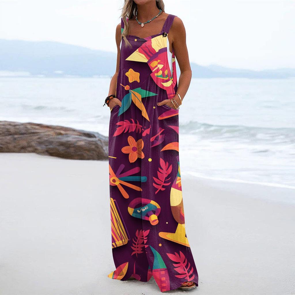Wide Leg Overalls For Women Casual Loose Sleeveless Print Button Long Pant Romper Jumpsuit With Pockets