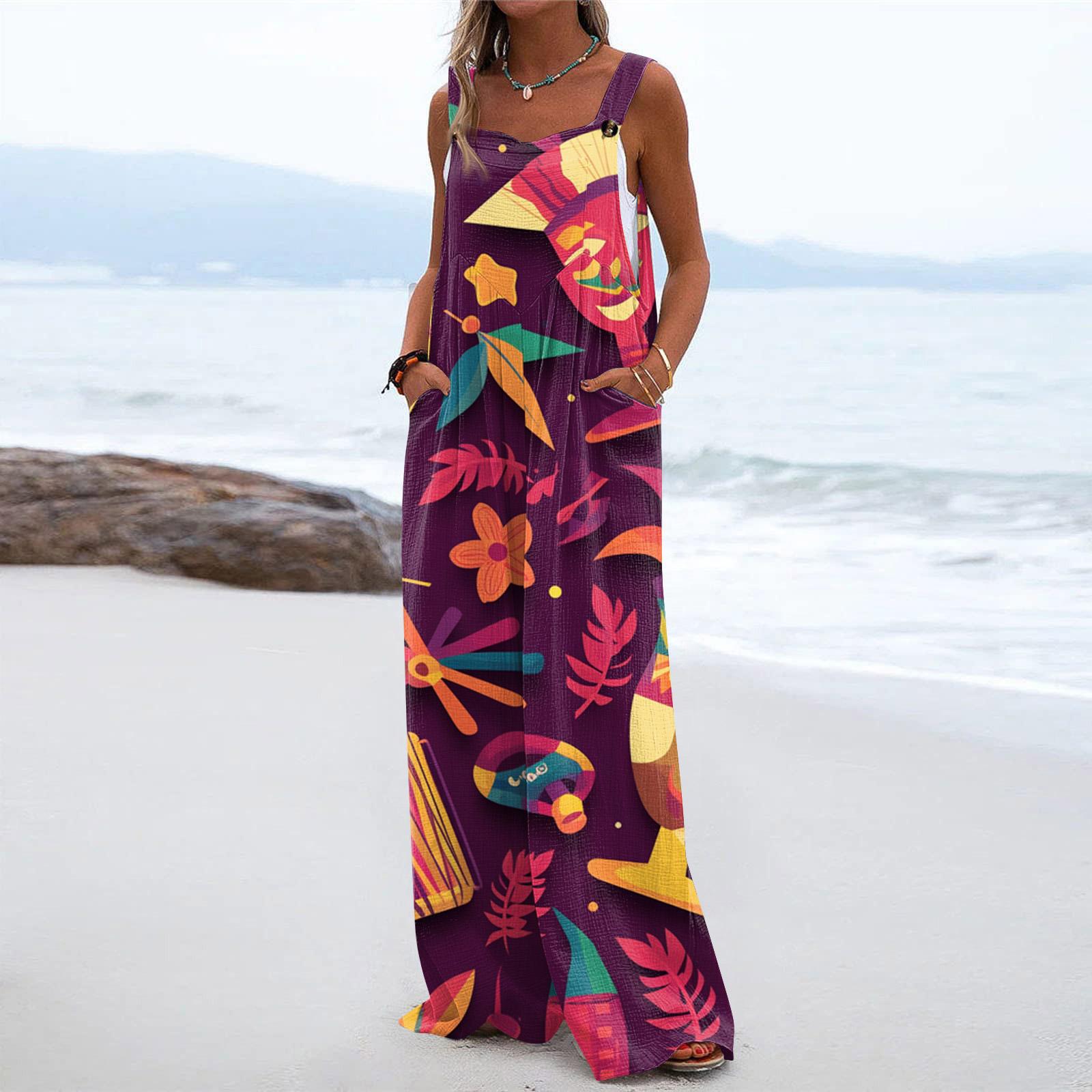 

Широкий комбинезон для женщин, повседневный свободный комбинезон без рукавов с принтом и пуговицами, длинные брюки, комбинезон с карманами XL винный