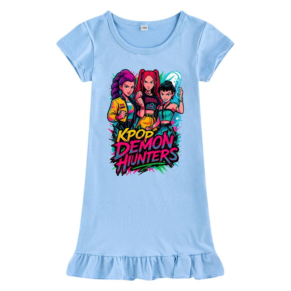M1213 Kids Girls Kpop Rumi Zoey Mira Print Short Sleeves Ruffle Dress