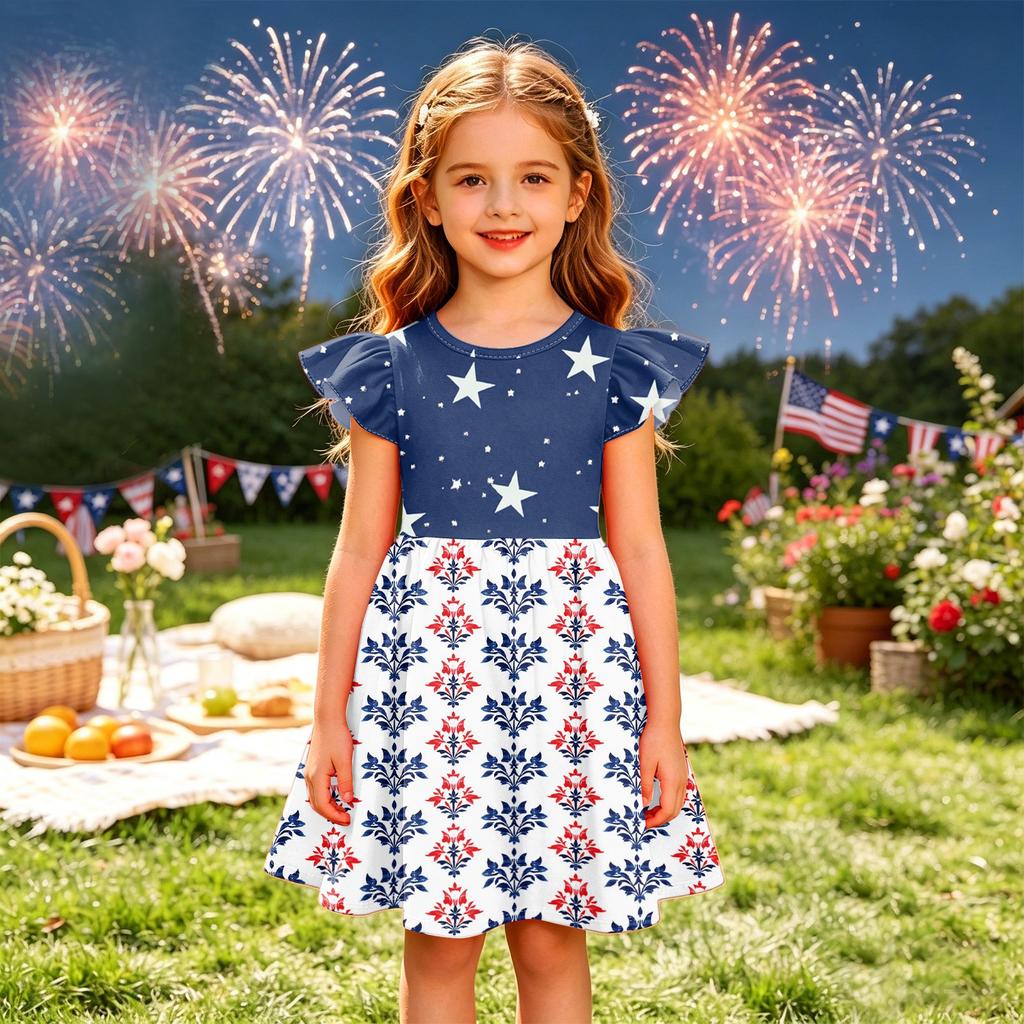 Girls' Summer Princess Dress - A-Line T-Shirt Dress Independence Day