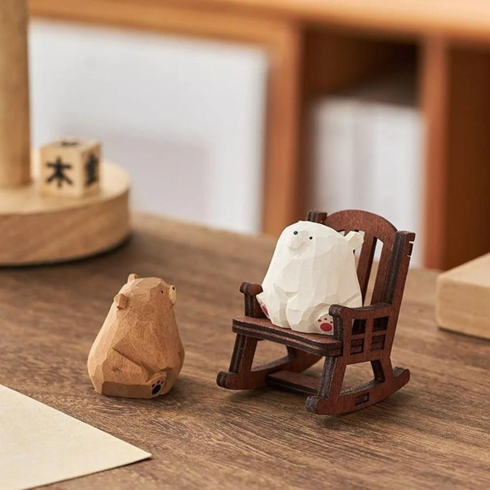 Mini Hand Carved Bear Figurines Solid Wood Polar Bear Crafts Small Chair Ornaments Table Decorate