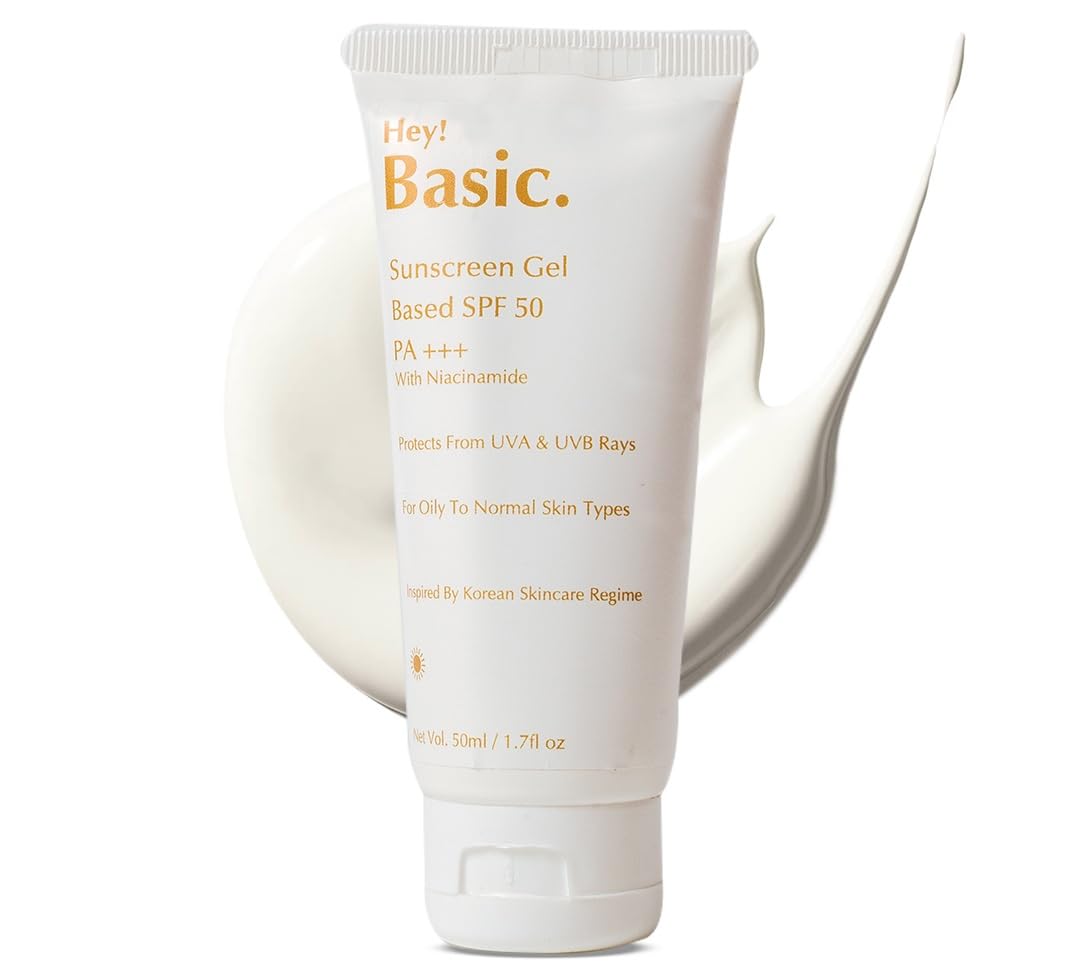 

Hey Basic Sunscreen Gel SPF 50 PA++ with Niacinamide - Broad Spectrum UV A & UV B Protection - Gel Sunscreen for Oily Skin to Normal Skin Types,