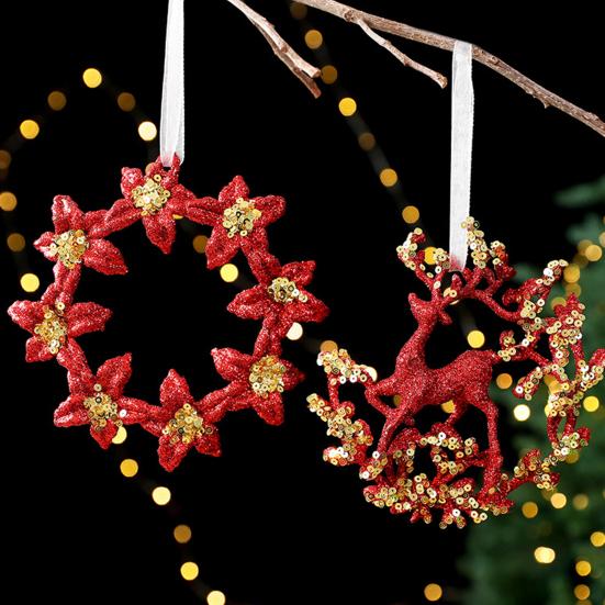 Glitter Sequined Christmas Ornament Red Snowflake/Butterfly/Star/Reindeer/Ballerina Hanging Decoration for Xmas Tree Doors Walls Holiday Home Decor