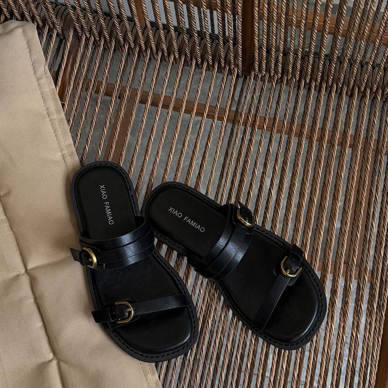 Soft leather version~ French gold buckle flat Roman sandals women's high-end skirt casual cool slippers summer wear