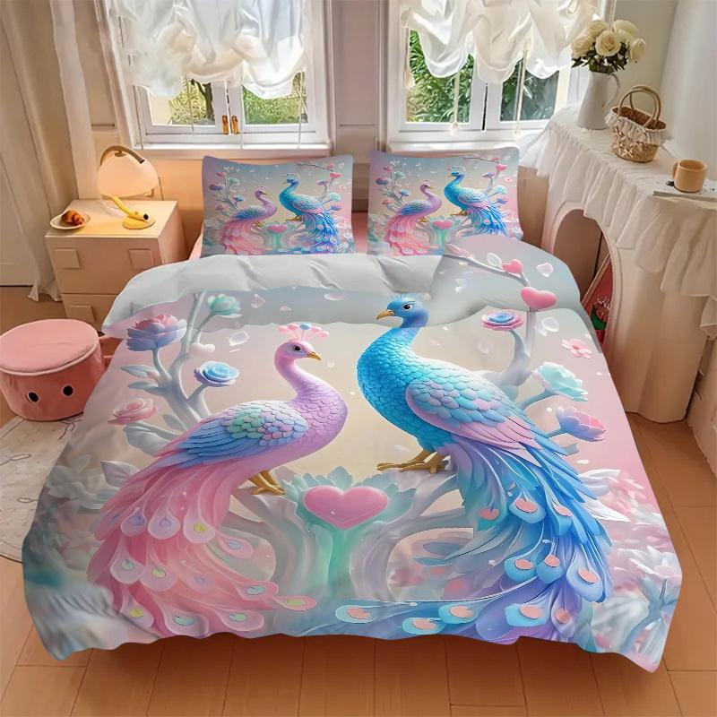 3er Set Bettwäsche mit Druck von pastellfarbenen Pfauen in einem romantischen Garten, weiche und bequeme Bettbezüge für Schlafzimmer, Gästezimmer