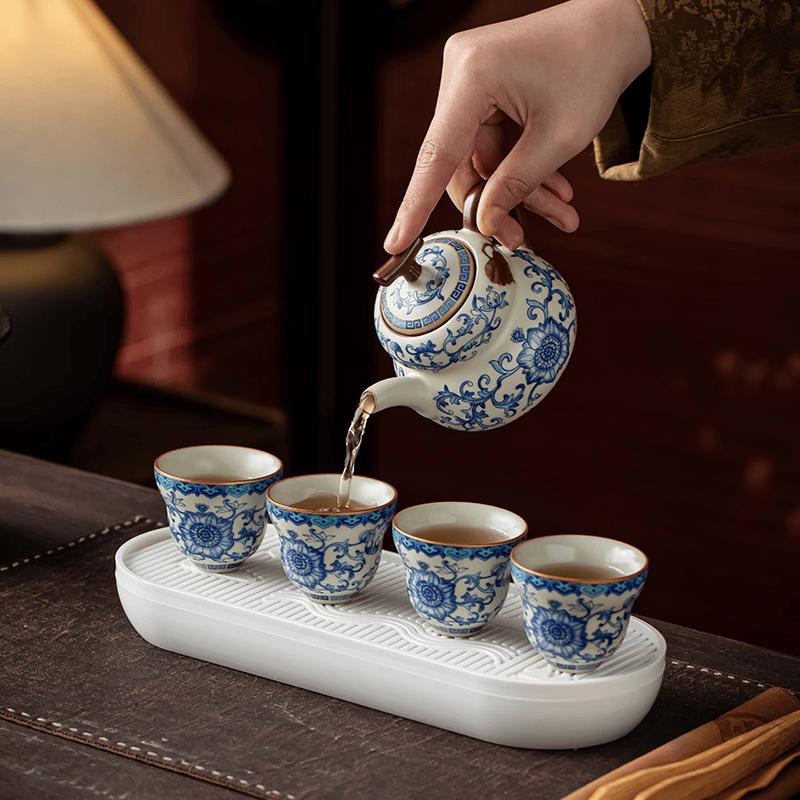 Ru Ware Blue and White Lotus Travel Tea Set