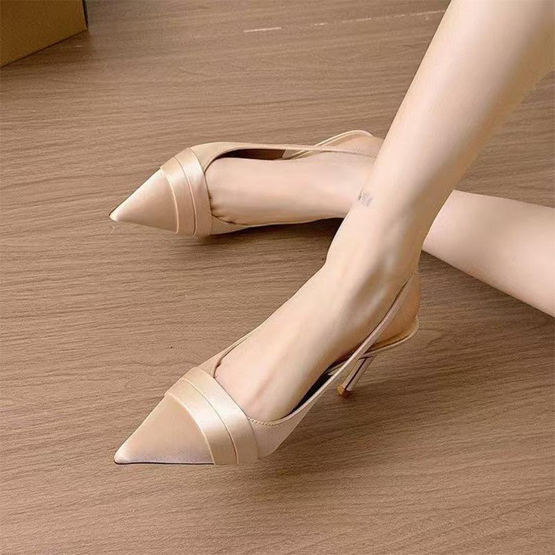 Sandals Women's Satin Temperament Pointed Head Bag Head Thin Heel One-word Buckle Apricot French 2025 New Women with Versatile Sandals