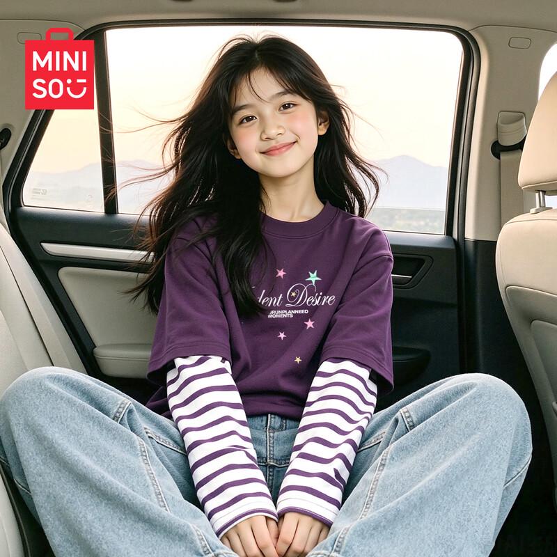 MINISO Girls' Korean Style Faux Two-Piece Long-Sleeve T-Shirt