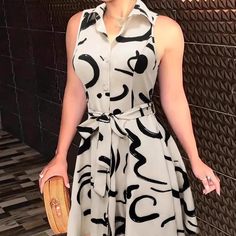 

European & American Cross-border Women s Sleeveless Tie-up Shirt Dress Medium