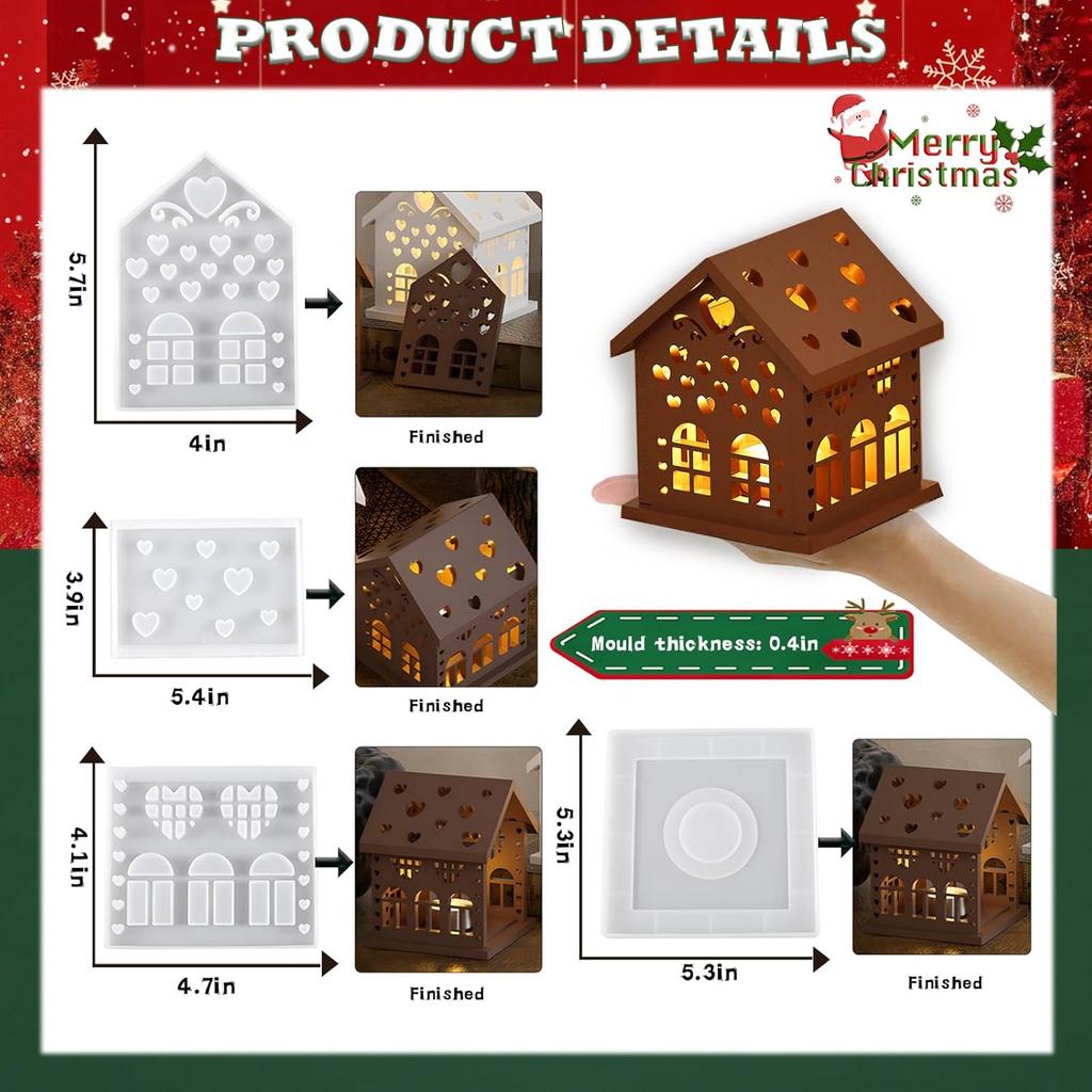 4Pcs Resin Candlestick Holder Molds, House Bottom 4.3x6x0.4 in, Love House Side 5.6x6x0.4 in, Love House Front 5.6x6x0.4 in,
