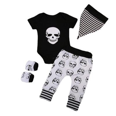 Newborn Baby Clothes Short Sleeve Skull Print Romper Tops Pant Trouser Hat Sock 4PCS Outfits Children Clothing Set